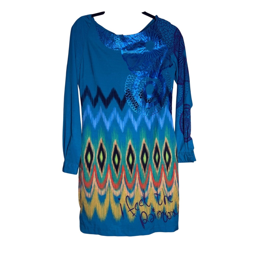 Desigual Ikat Chevron Mini Dress M Womens Teal Multi Sequin Embroidered Boho